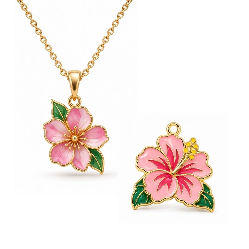 Pink floral enamel charm and gold pendant necklace, ideal for custom botanical jewelry wholesale manufacturing.