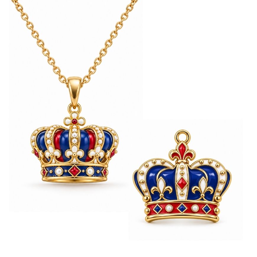 Royal crown enamel charms and gold necklace pendant with pearl details, ideal for OEM jewelry wholesale.