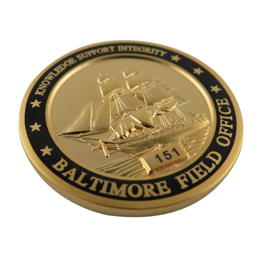 Custom 3D polished gold sailing ship challenge coin with black enamel border, ideal for agency award wholesale.