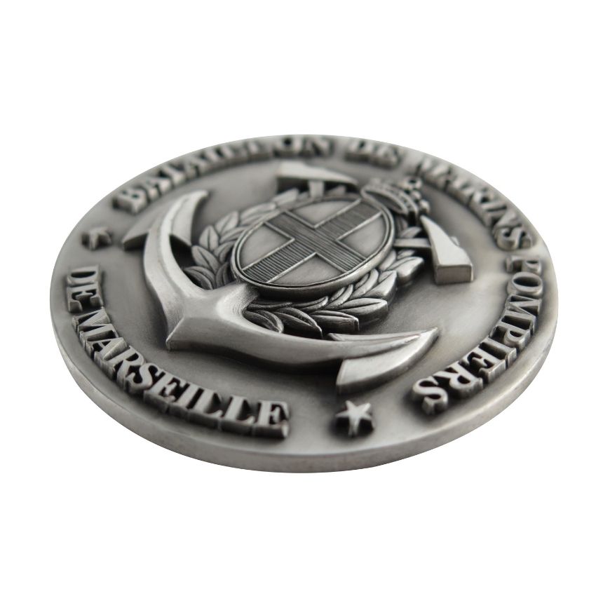 Custom 3D antique silver anchor challenge coin with embossed relief, ideal for firefighter award wholesale.