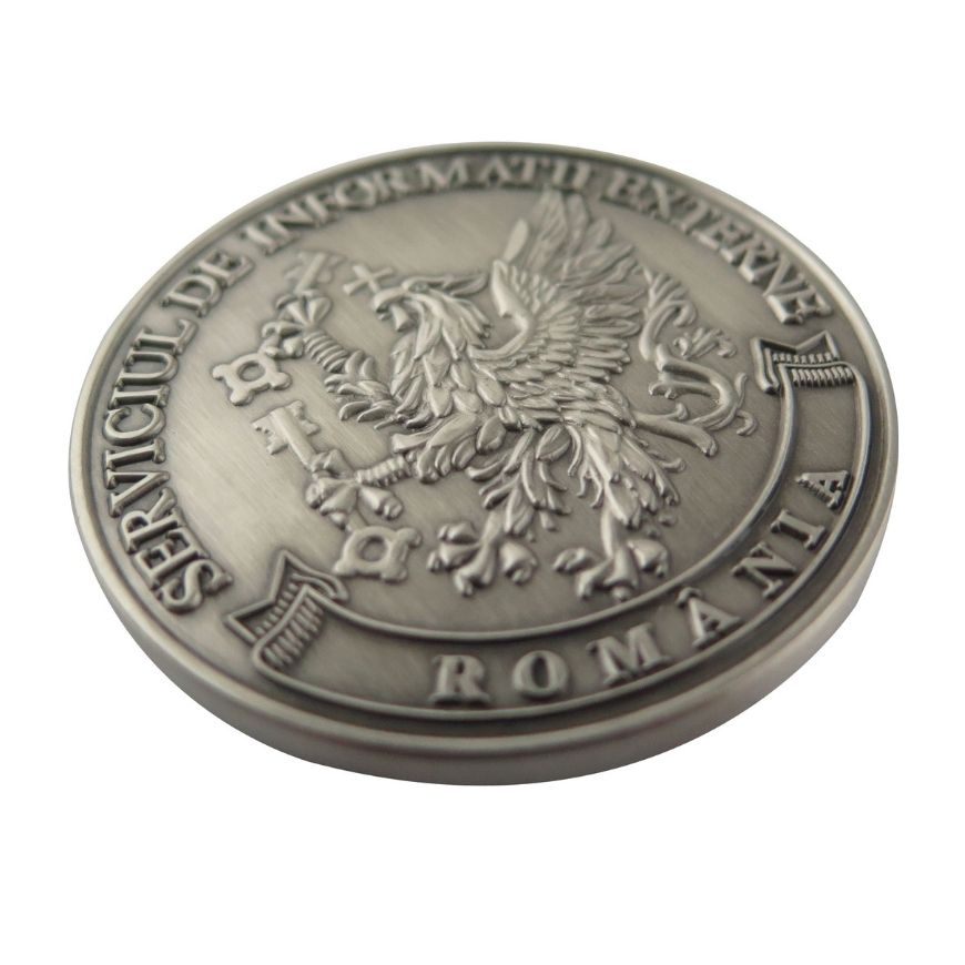 Custom 3D antique silver Romania eagle challenge coin, ideal for intelligence service award wholesale.