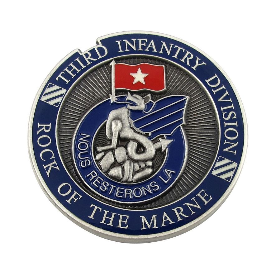 Custom 3D antique silver military challenge coin with blue enamel, ideal for defense unit merchandise wholesale.