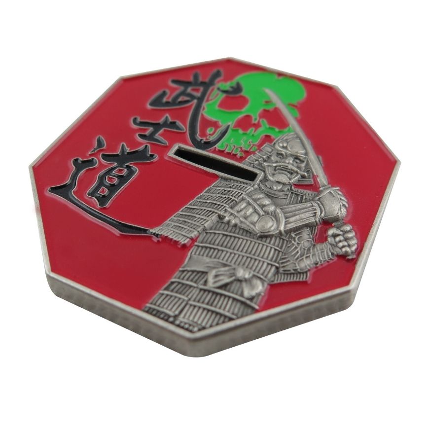 Octagonal 3D antique silver samurai challenge coin bottle opener with red enamel, ideal for custom gift wholesale.