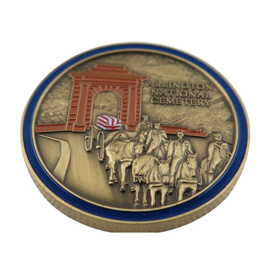 3D antique bronze military memorial challenge coin with enamel accents, custom manufactured for wholesale gifts.