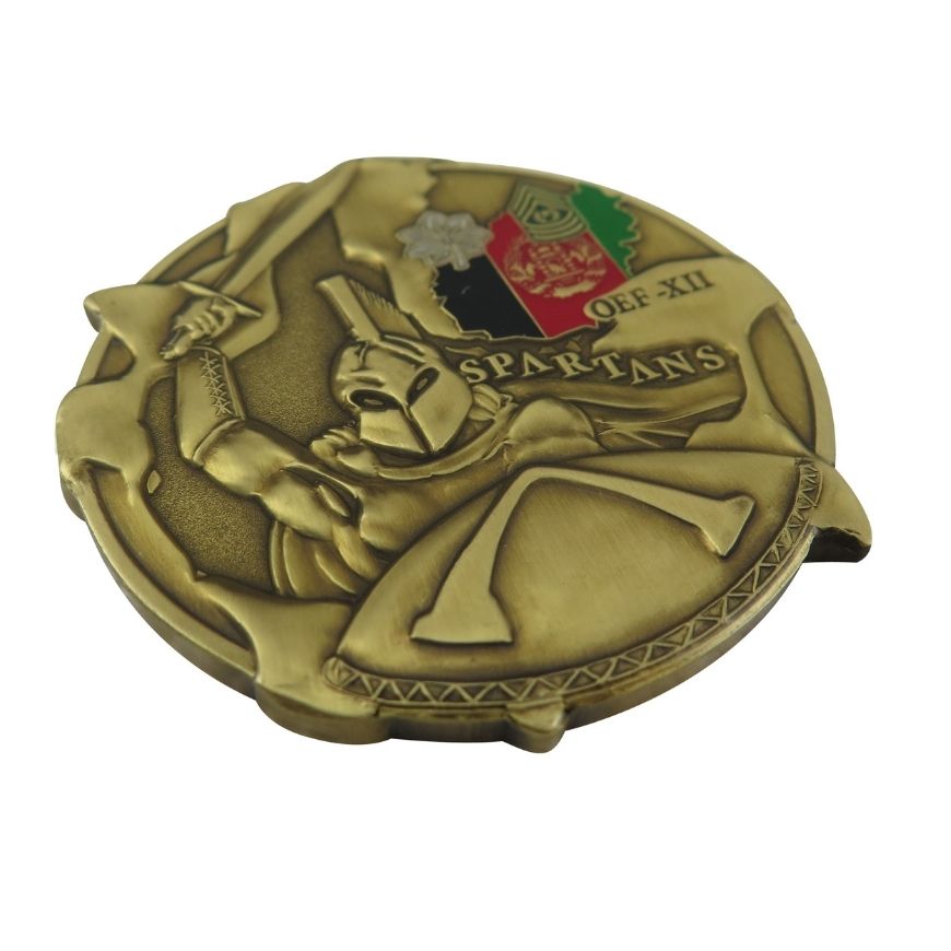 Custom 3D antique bronze Spartan challenge coin with color enamel for military and security merchandise wholesale.