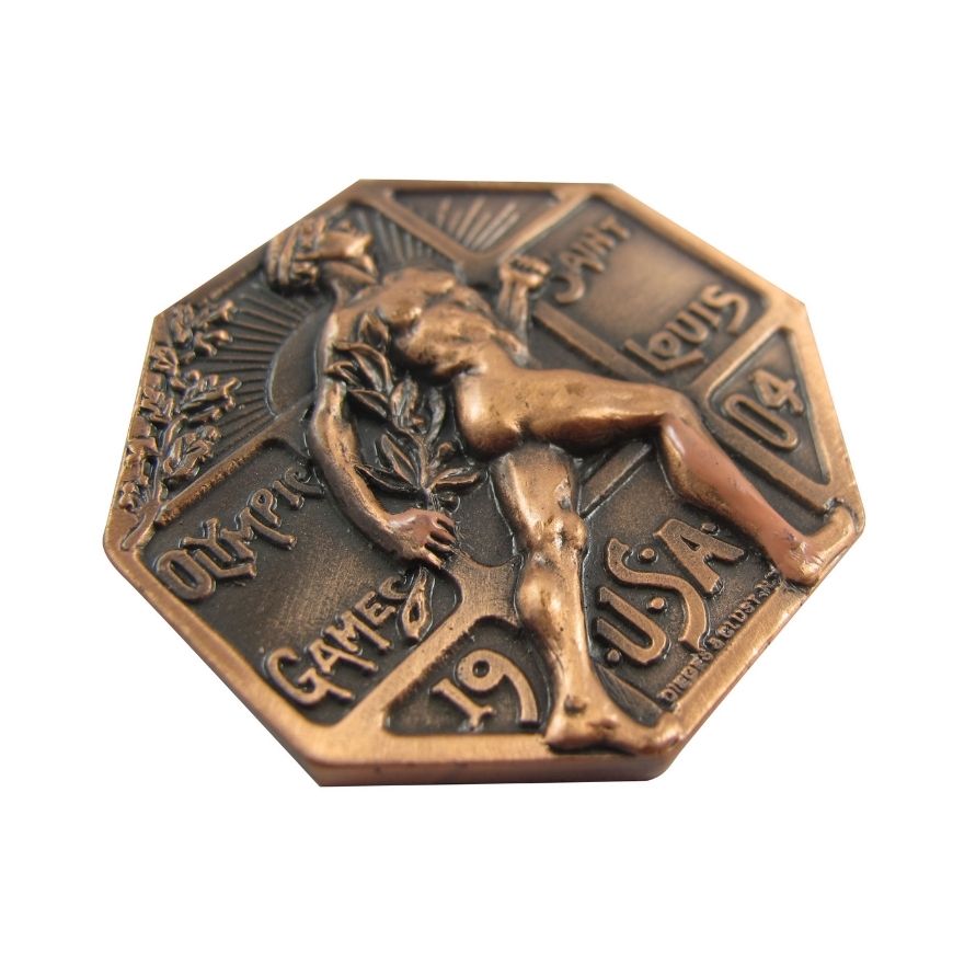 Octagonal 3D antique copper sports challenge coin with embossed athlete relief, ideal for event award wholesale.