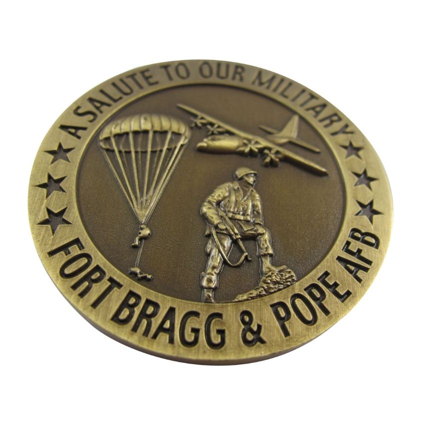 Custom 3D antique bronze military challenge coin with airborne paratrooper relief, ideal for defense awards wholesale.