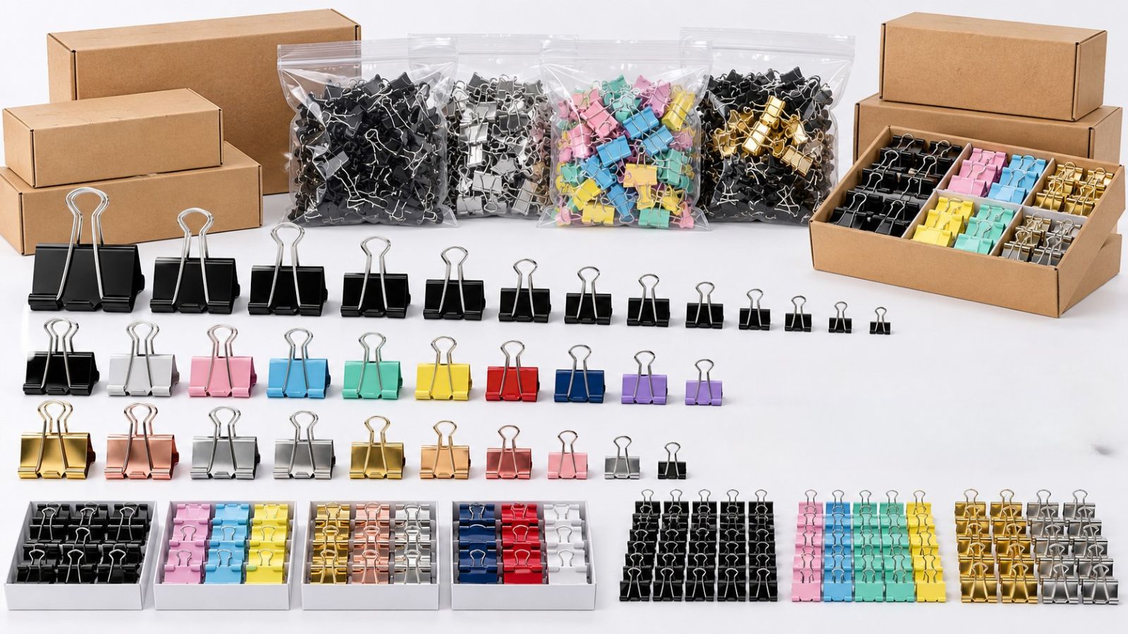 Custom Metal Binder Clips Wholesale - Assorted Sizes & Bulk Packaging Solutions