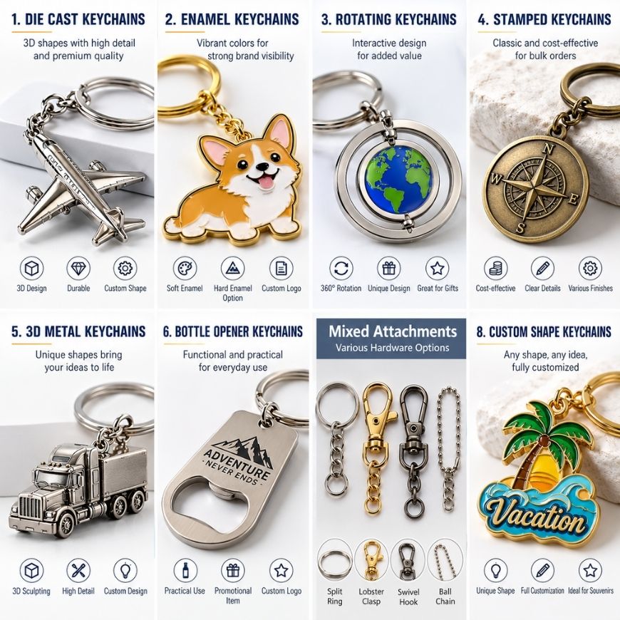 Custom metal keychains guide showing die cast, enamel, rotating, bottle opener styles, and hardware attachments.