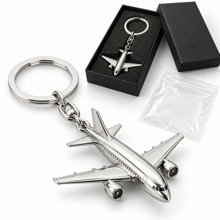 Custom 3D die cast airplane metal keychain with nickel plating and presentation gift box packaging.
