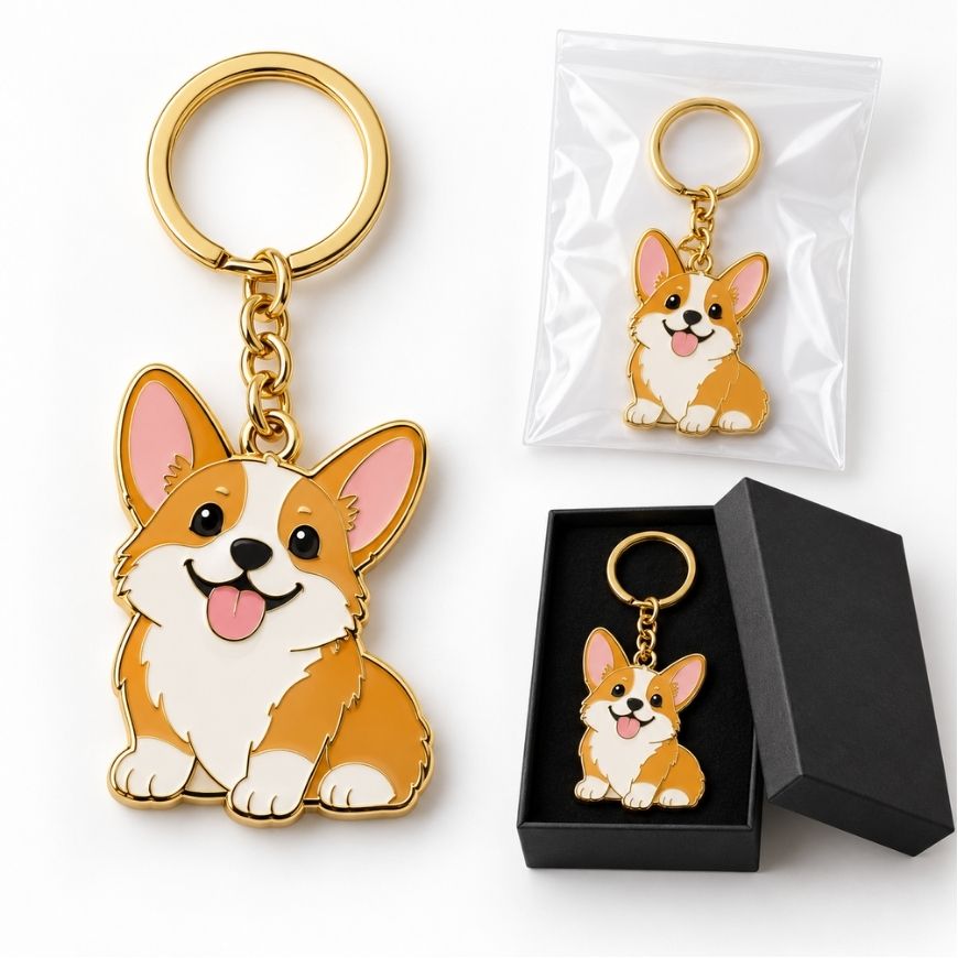 Custom gold enamel corgi keychain with retail polybag and gift box packaging for wholesale pet merchandise.