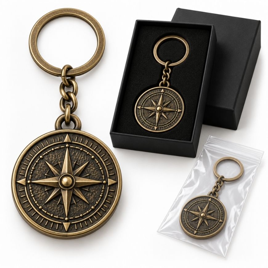 Antique bronze stamped compass metal keychain with retail polybag and gift box packaging for wholesale gifts.