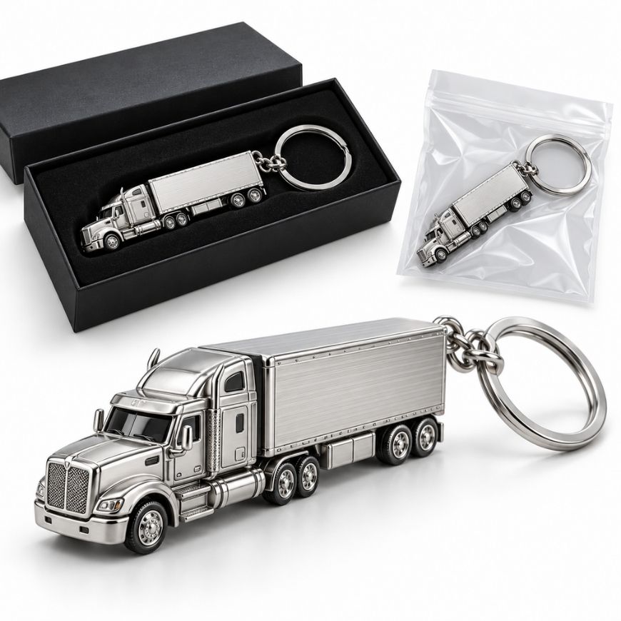 Custom 3D semi truck metal keychain with retail polybag and gift box packaging for logistics branding.
