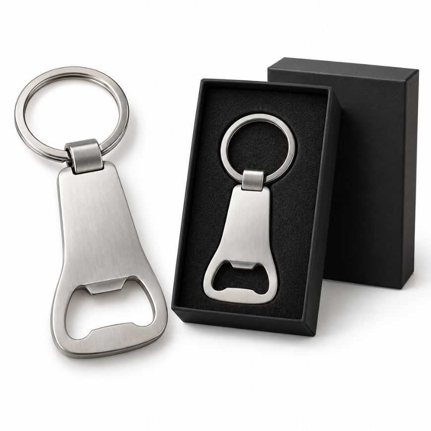 Brushed metal bottle opener keychain in presentation gift box, ideal for corporate promotional giveaway wholesale.