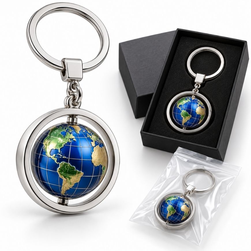 Rotating globe metal keychain with polybag and gift box packaging for corporate travel merchandise wholesale.