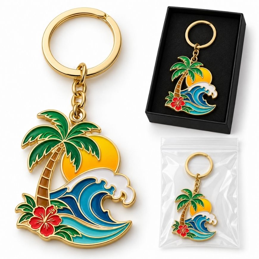 Gold tropical enamel keychain with retail polybag and gift box packaging for wholesale souvenir merchandise.