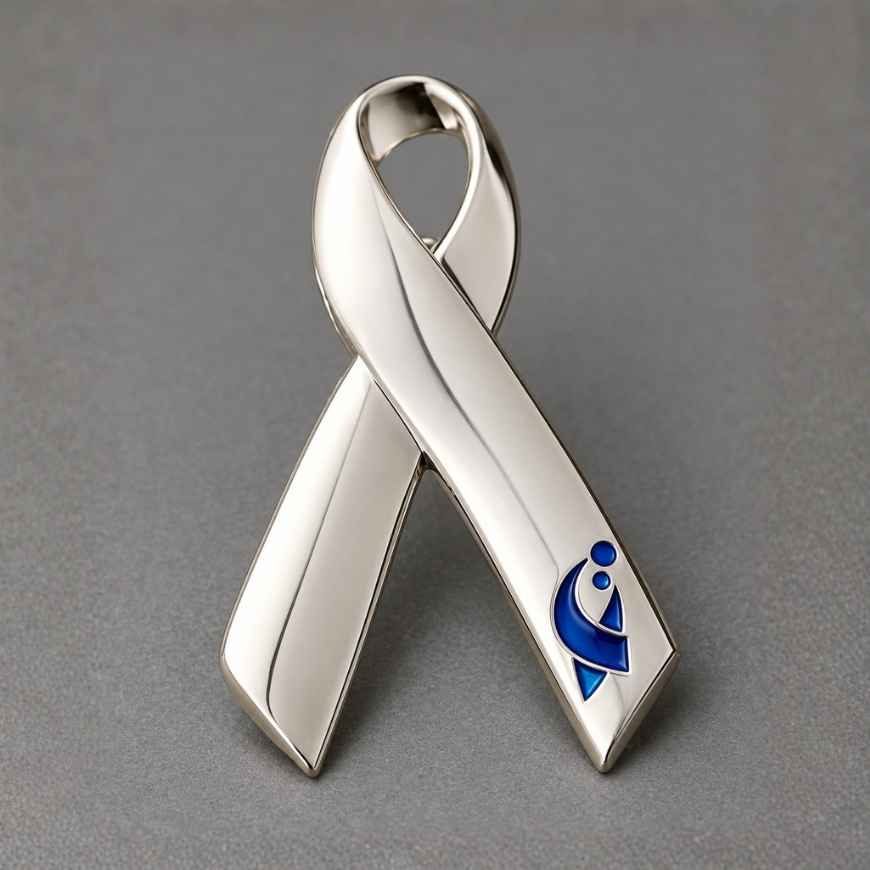 Polished silver ribbon lapel pin with custom blue enamel logo, ideal for corporate CSR and B2B wholesale orders.