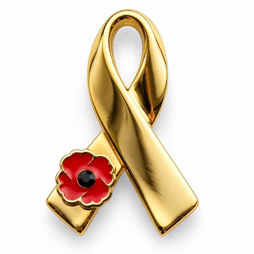 Polished gold ribbon lapel pin with red poppy flower enamel, ideal for memorial events and B2B wholesale orders.