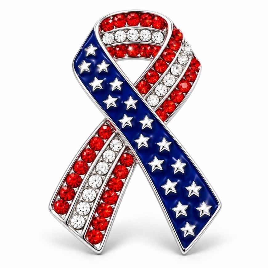 Custom patriotic crystal ribbon lapel pin with US flag design, ideal for national events and B2B wholesale.