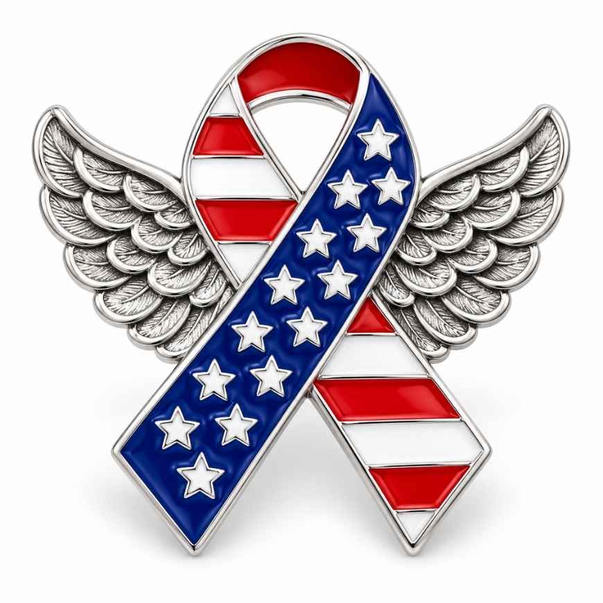 Custom patriotic crystal ribbon lapel pin with US flag design, ideal for national events and B2B wholesale.