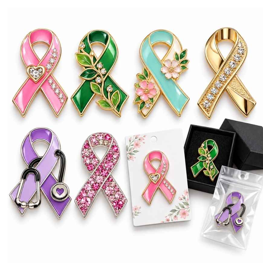 Custom enamel ribbon lapel pins with crystal accents and retail packaging, ideal for charity B2B wholesale.