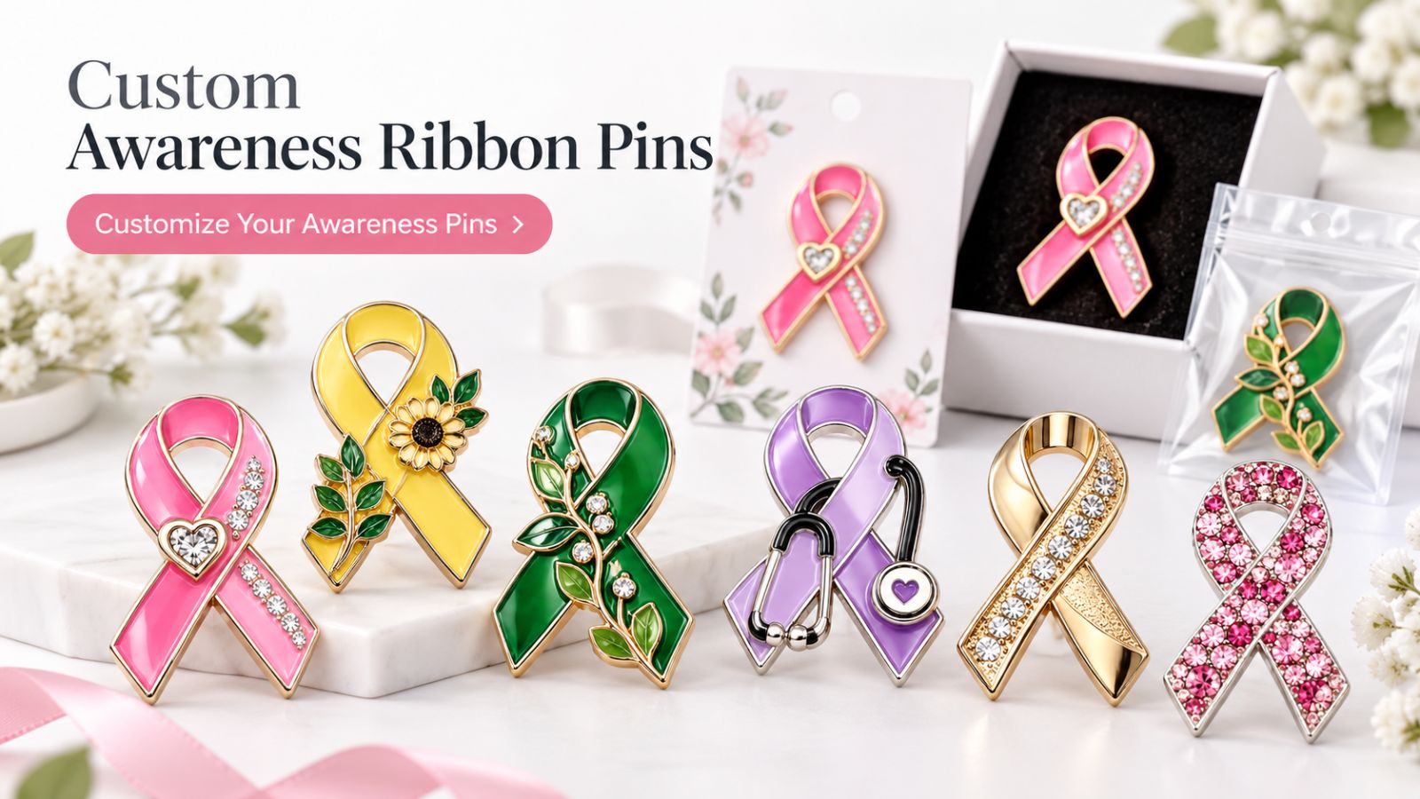 Custom Awareness Ribbon Pins with Retail Packaging | B2B Wholesale Manufacturer