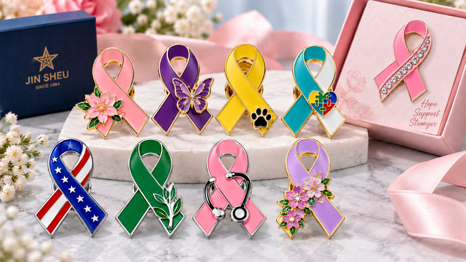 Custom Awareness Ribbon Pins with Premium Packaging | B2B Wholesale Manufacturer