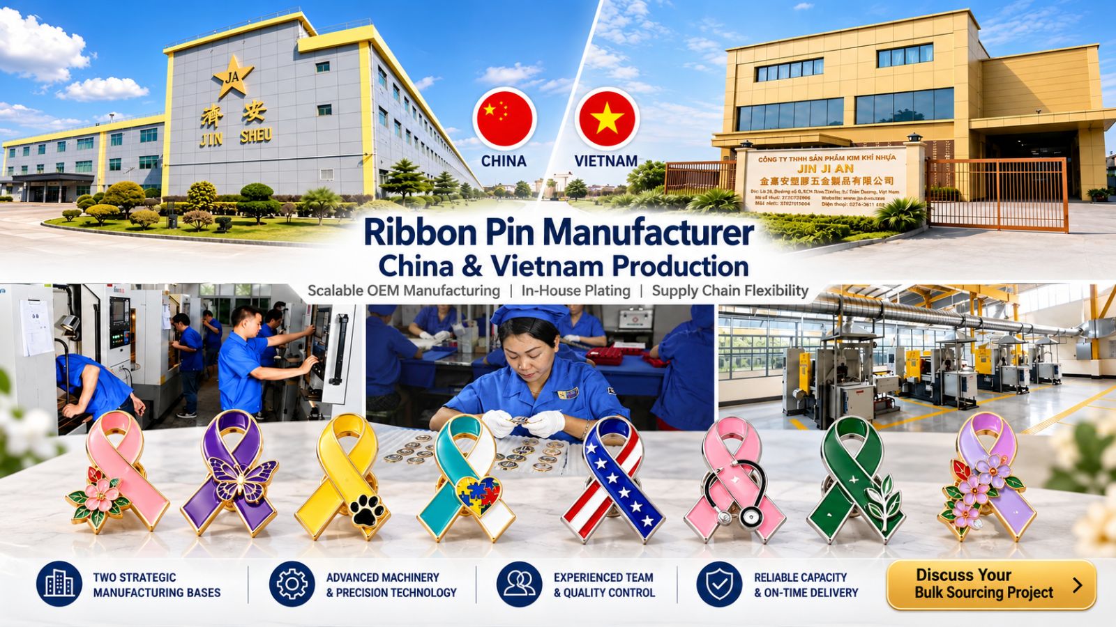 Custom Awareness Ribbon Pin Manufacturer | Dual China & Vietnam Production