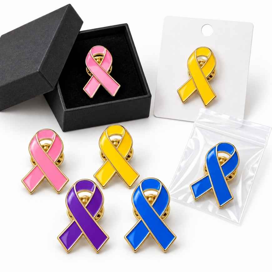 Custom enamel ribbon lapel pins with versatile retail packaging options, ideal for charity campaigns and B2B wholesale.