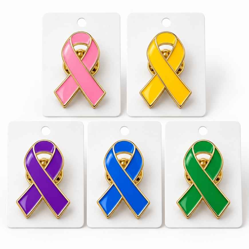 Custom enamel awareness ribbon lapel pins on white backing cards for charity retail and wholesale orders.