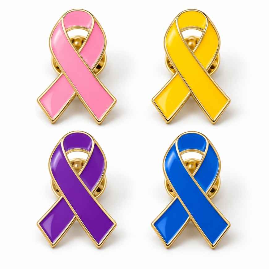 Custom hard enamel awareness ribbon lapel pins in assorted colors, ideal for charity events and B2B wholesale.