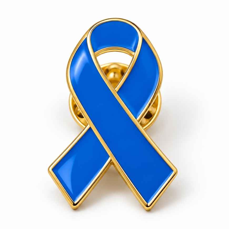 Custom blue enamel ribbon lapel pin with gold plating, ideal for healthcare awareness campaigns and B2B wholesale.