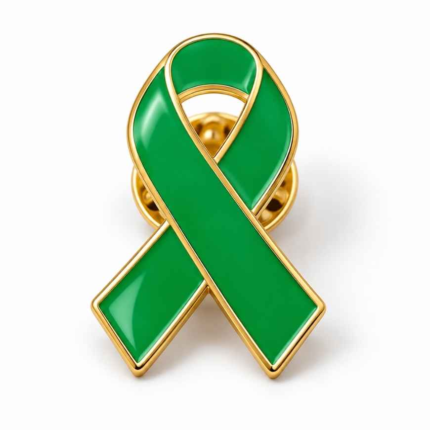 Custom green enamel ribbon lapel pin with gold trim, ideal for mental health awareness and B2B wholesale orders.