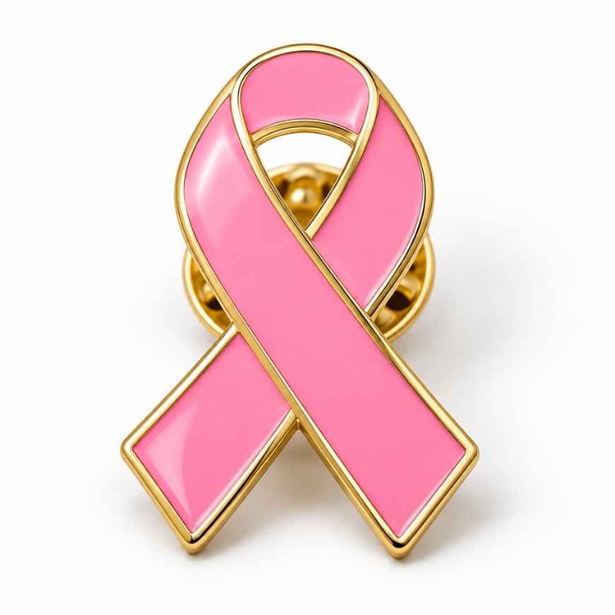 Custom pink enamel ribbon lapel pin with gold trim, ideal for breast cancer charity events and B2B wholesale.