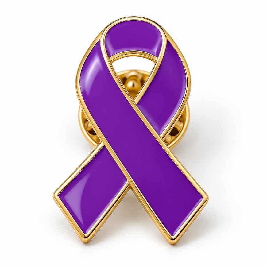 Custom purple enamel ribbon pin with gold trim, ideal for awareness campaigns and B2B wholesale orders.