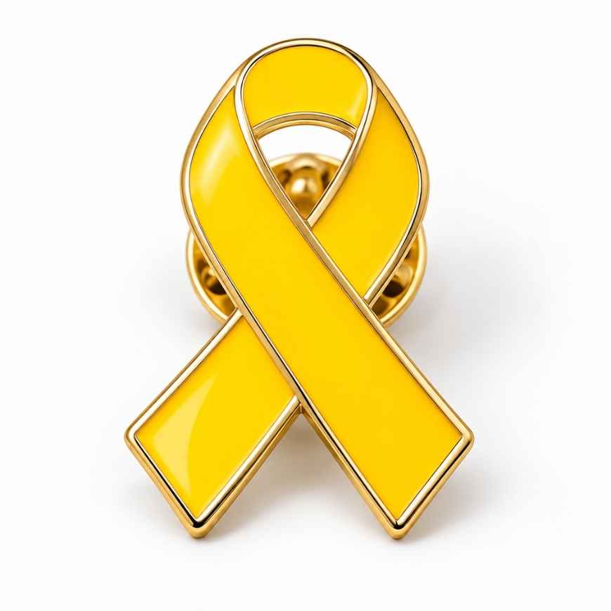 Custom yellow enamel ribbon lapel pin with gold trim, ideal for support campaigns and B2B wholesale orders.