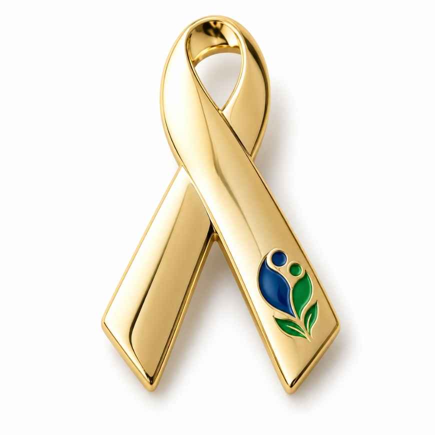 Polished gold ribbon lapel pin with custom enamel floral logo, ideal for healthcare campaigns and B2B wholesale.