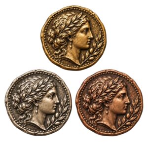 Custom ancient coins in gold, silver, and bronze with classical portrait designs, ideal for collectible wholesale.